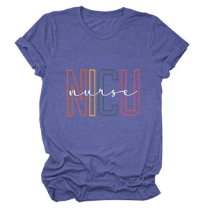 Detail of NICU nurse letter print on purple short sleeve crew neck cotton t-shirt