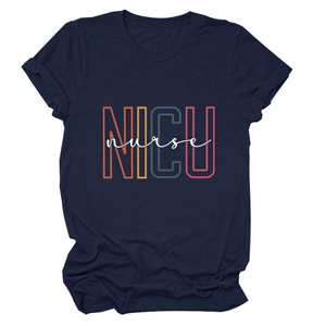 Close-up of navy blue NICU nurse t-shirt with colorful artistic lettering on cotton fabric