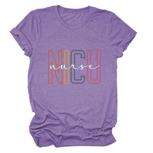 Detail of NICU nurse print on purple heather short sleeve t-shirt with rolled cuffs