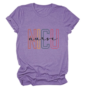Close-up of heather purple NICU nurse t-shirt showing fine knit texture and print