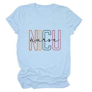 Detail of light blue cotton T-shirt featuring artistic NICU nurse typography print