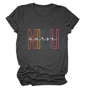 Close-up of NICU nurse colorful lettering on a charcoal grey cotton short sleeve T-shirt