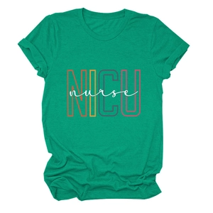Detail view of the NICU nurse print on an emerald green crew neck short sleeve t-shirt