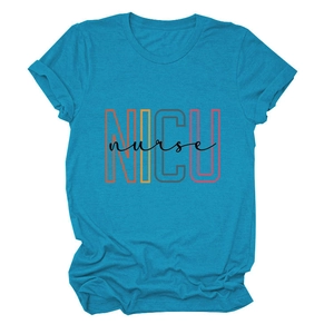 Detailed view of the NICU nurse print on a peacock blue casual short sleeve t-shirt