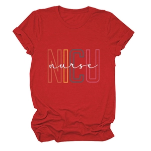 Detailed view of colorful NICU Nurse print on a red round neck cotton T-shirt