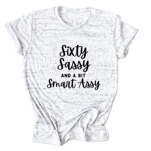 Detail of grey marl T-shirt featuring black sixty sassy and smart assy artistic slogan