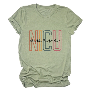 Detail of NICU nurse letter print on a light green casual cotton blend T-shirt