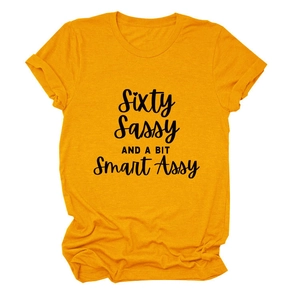 Detail of yellow round neck T-shirt with Sixty Sassy and a bit Smart Assy print