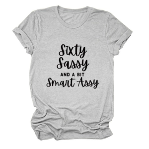 Detail of soft light gray cotton t-shirt with black Sixty Sassy printed lettering