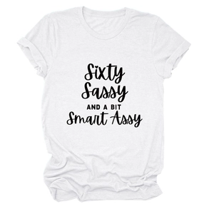 Detail of white cotton T-shirt featuring black Sixty Sassy and a bit Smart Assy print