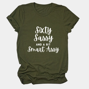Detail of army green t-shirt with white Sixty Sassy AND A BIT Smart Assy print