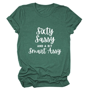 Detail of white Sixty Sassy slogan print on dark green cotton knit short sleeve t-shirt