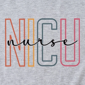 Gray heather NICU nurse short sleeve t-shirt with colorful printed letter graphic
