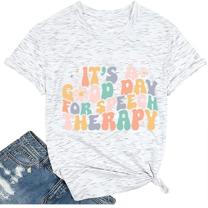 Detail view of cotton T-shirt with vintage Speech Therapy print and side knot design