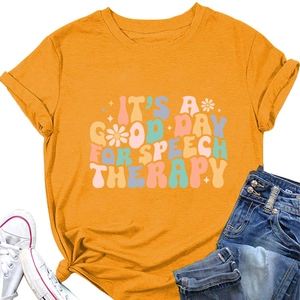 Flat lay of bright orange cotton T-shirt with Good Day For Speech Therapy graphic print