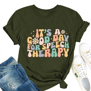 Close-up of Speech Therapy typography with retro floral accents on dark green t-shirt