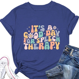 Detail of navy blue speech therapy t-shirt with floral typography and rolled sleeves