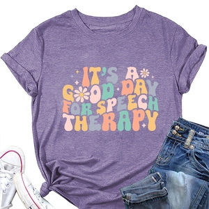 Flat lay of purple Speech Therapy cotton T-shirt with vintage print and daisy detail