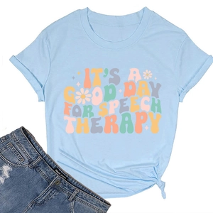 Detail of light blue speech therapy T-shirt with colorful letters and denim shorts