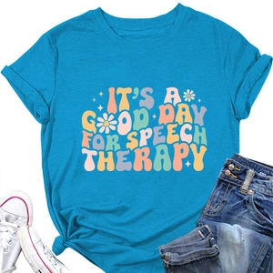Sky blue cotton t-shirt featuring rainbow typography and small daisy floral graphics