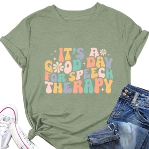 Detail of sage green T-shirt with 'It’s a good day for speech therapy' floral print