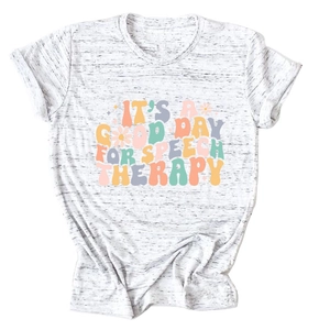 Detail of Speech Therapy slogan and daisy graphic on a heather white cotton t-shirt