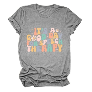 Detail of grey heather t-shirt with 'It's a Good Day for Speech Therapy' floral print