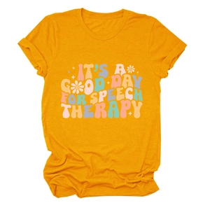 Detail of speech therapy art print on yellow cotton t-shirt with small daisies