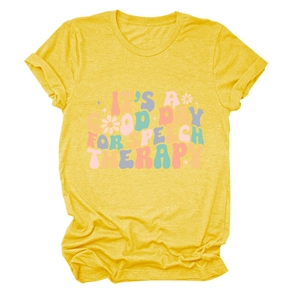 Detail of colorful retro slogan and floral graphics on a yellow speech therapy T-shirt