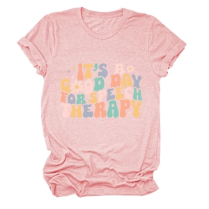 Detail of pink cotton-blend t-shirt showing the vintage speech therapy graphic print