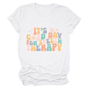 Detail of white cotton tee featuring colorful groovy speech therapy print and rolled sleeves