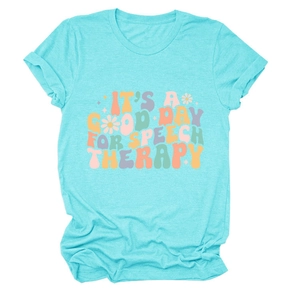 Detail of teal cotton t-shirt with retro 'It's a good day for speech therapy' graphic