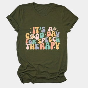 Detailed view of dark olive green T-shirt with vintage speech therapy print and flowers