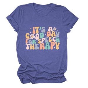 Detail of Heather Purple t-shirt featuring IT'S A GOOD DAY FOR SPEECH THERAPY print