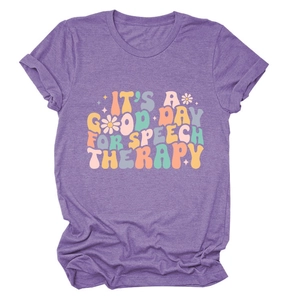 Purple cotton T-shirt featuring It's a Good Day for Speech Therapy colorful bubble text