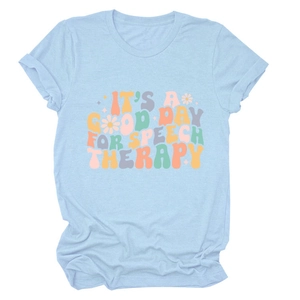 Detail of light blue t-shirt featuring vintage floral Speech Therapy typography print
