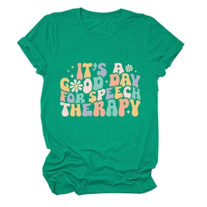 Detail of green speech therapy t-shirt with retro typography and daisy flower print