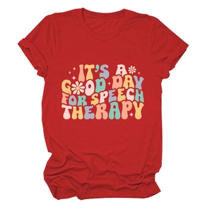 Close-up of retro graphic print and vibrant red cotton fabric of the casual t-shirt