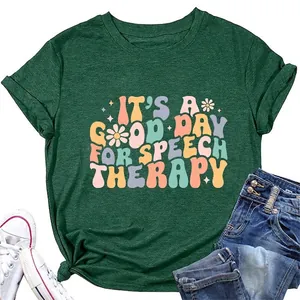Women Retro Letter Print Short Sleeve T-Shirt Cotton Blend Loose Round Neck Speech Therapy Floral Graphic Tee Top