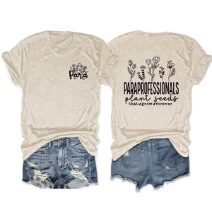 Front and back view of paraprofessionals plant seeds floral print beige cotton t-shirt