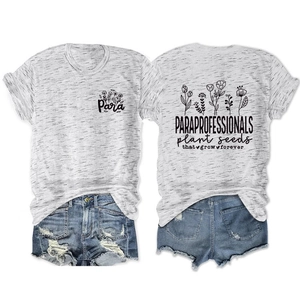 Front and back detail of grey crew neck T-shirt with floral paraprofessional prints