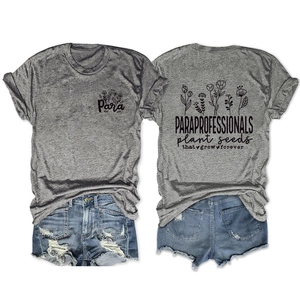 Detailed double-sided print on gray t-shirt with floral graphics and inspo quote
