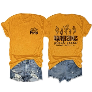 Front and back detail of ginger T-shirt with floral print and paraprofessional slogan
