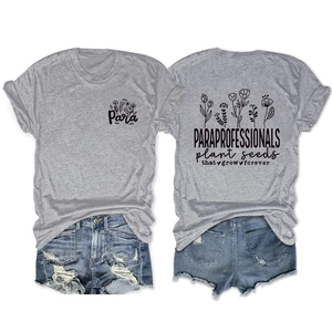 Front and back detail of gray cotton t-shirt with floral print and paraprofessional slogan