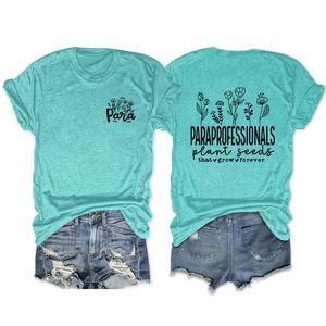 Detail view of teal floral print t-shirt paired with distressed denim blue shorts