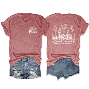 Front and back detail of brick red t-shirt with floral paraprofessionals quote print