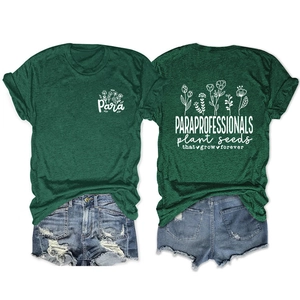 Front and back detail of dark green T-shirt with plant seeds print and denim shorts