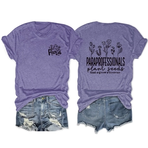 Purple crewneck T-shirt with Para floral print on front and motivational back design