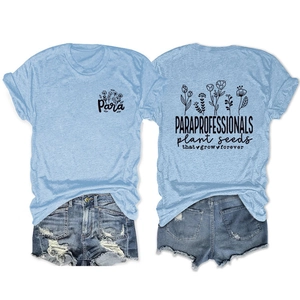 Detail view of light blue cotton T-shirt set with floral prints and denim shorts