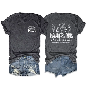 Front and back detail of charcoal grey T-shirt with Para floral print and back text